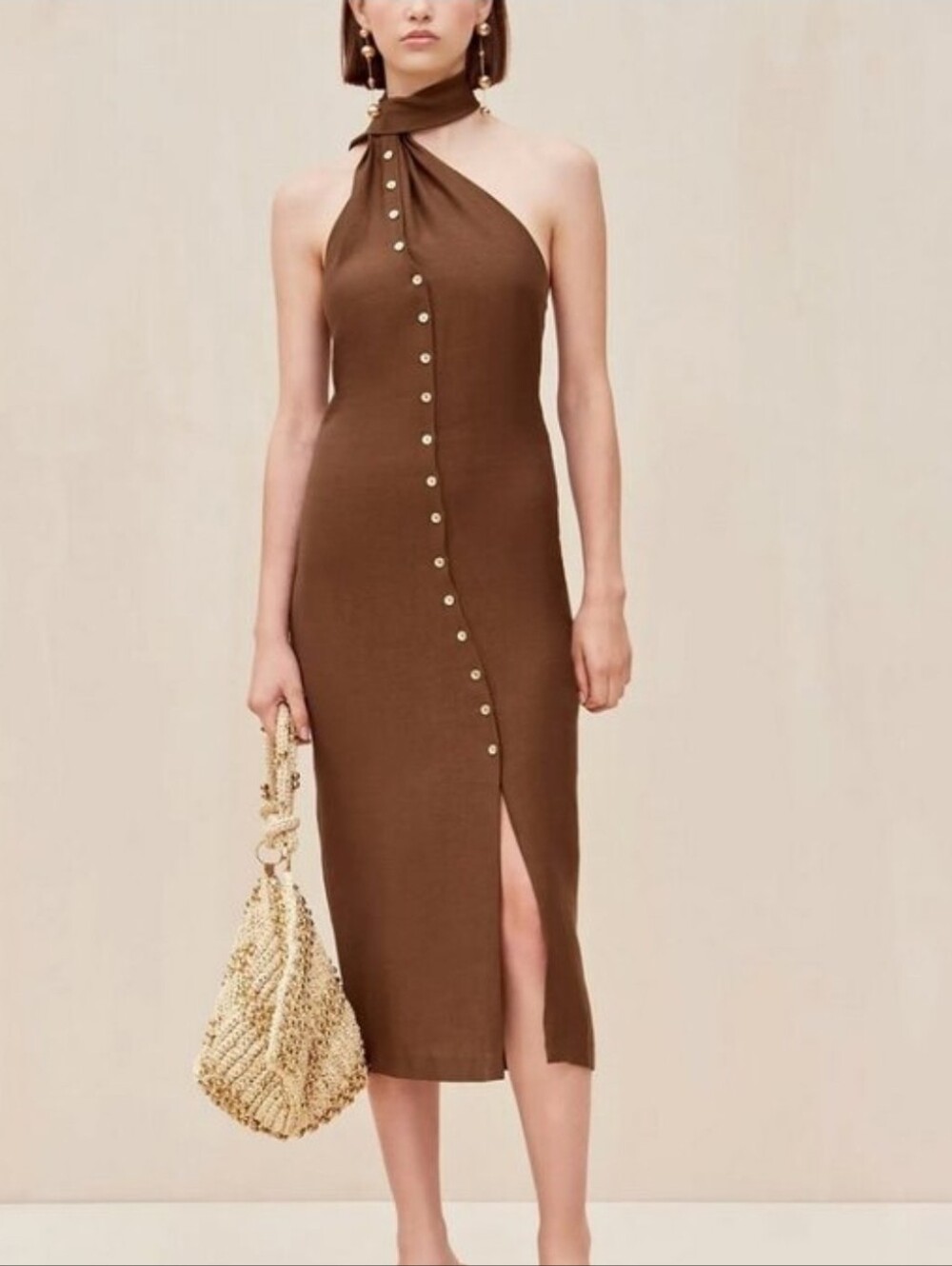Cult Gaia Romia Brown Halter Midi Dress Asymmetrical Draped Minimalist Luxury XS